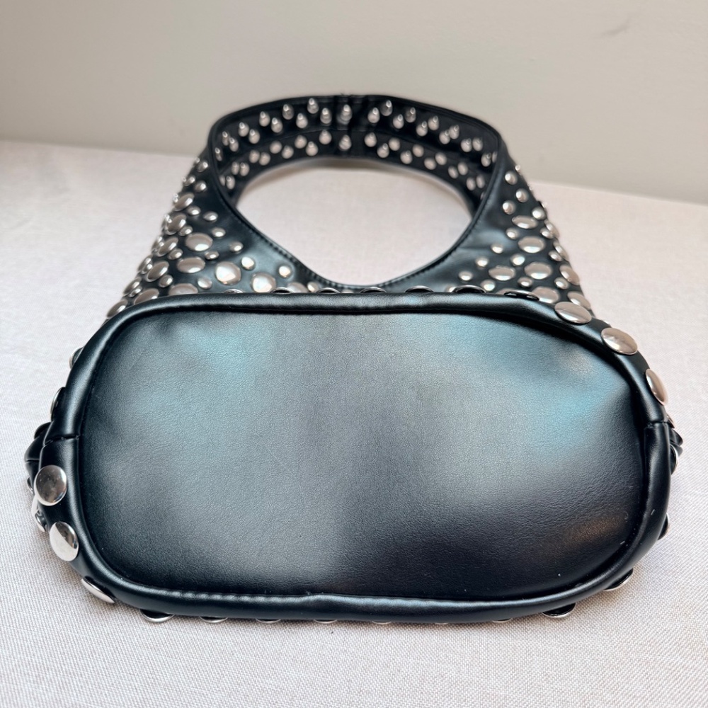 Black Studded Hobo Bag with Silver Accents - Picture 5 of 12